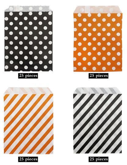 Jexila 100-Pack Halloween Treat Bags - Orange & Black Polka Dot Striped Pattern Paper Goodie Bags for Kids Trick or Treat Party Favors