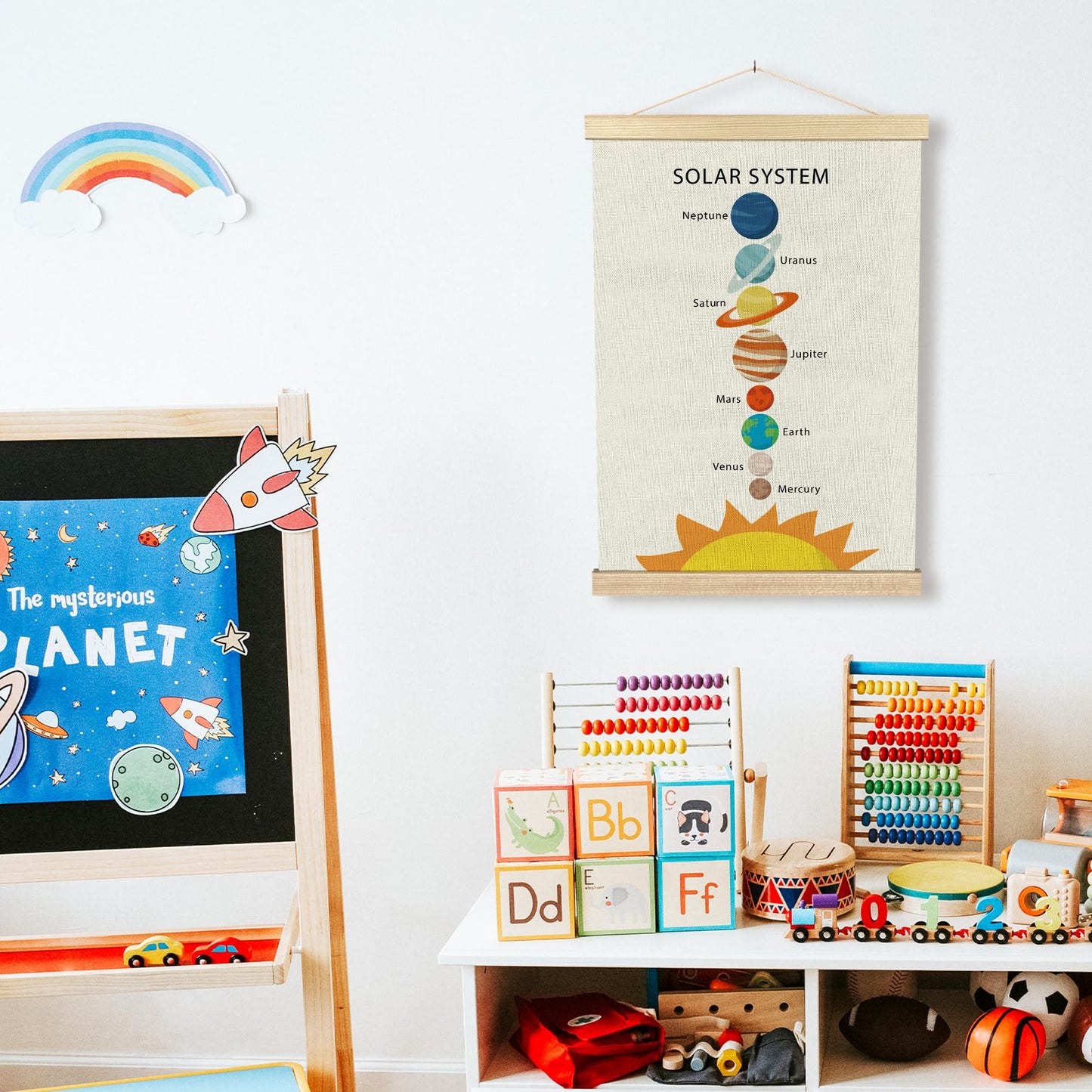 BCUANGD Space Wall Art - Solar System Kids Boys Planet Wall Art Poster Hanger with Wood Frames, Galaxy Education Wall Hanging Canvas Decor for Space Home Classroom Nursery Playroom, 12x16 Inches
