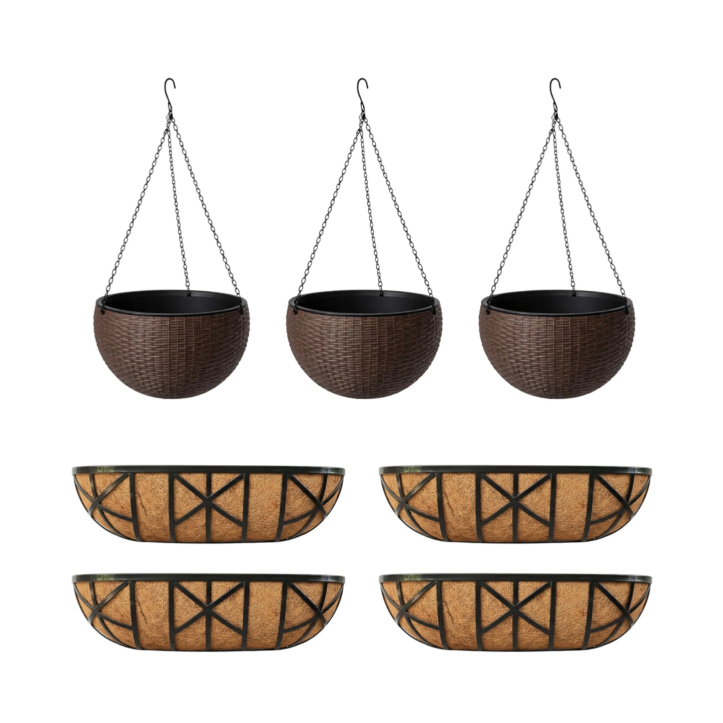 LaLaGreen Bundle- 4 Pack, 24 Inch Metal Planter with Coco Liner + 3 Pack, 11 Inch Self Watering Hanging Basket Plastic Flower Pot with Chain Outdoor Wall Mounted Balcony Fence Patio Porch Modern Decor