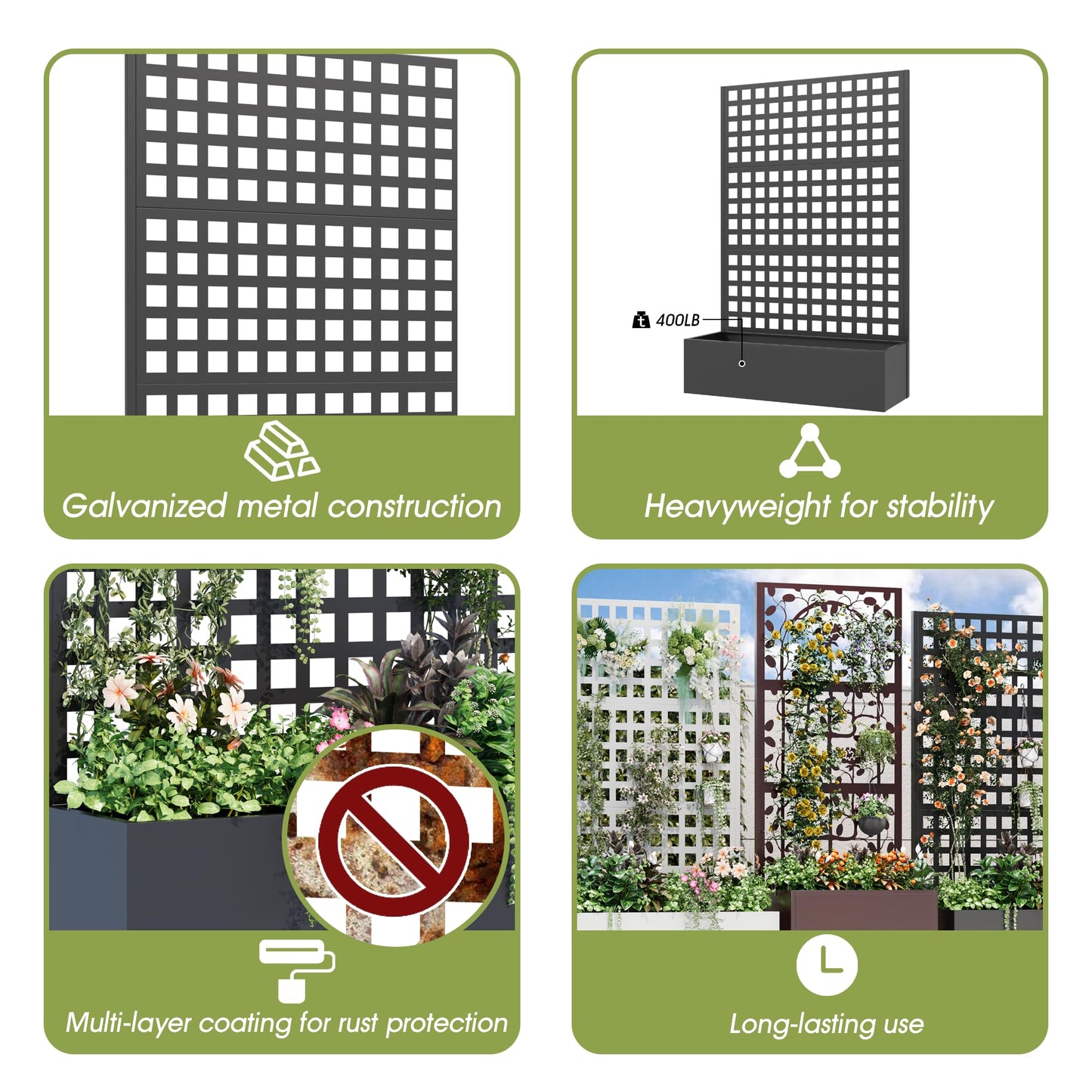 UPHYB Metal Planter Box with Trellis, 71"x 47"x 16" Raised Garden Bed, Planter Box Trellis with Privacy Screen and Drainage Holes, Black
