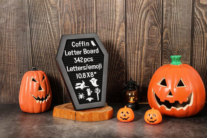 G GAMIT Coffin Felt Letter Board with 342 Changeable Letters&Numbers, 10.8”x8” Spooky Letterboard Gothic Message Board Letter Sign Board with Stand and Canvas bag for Halloween Party Christmas