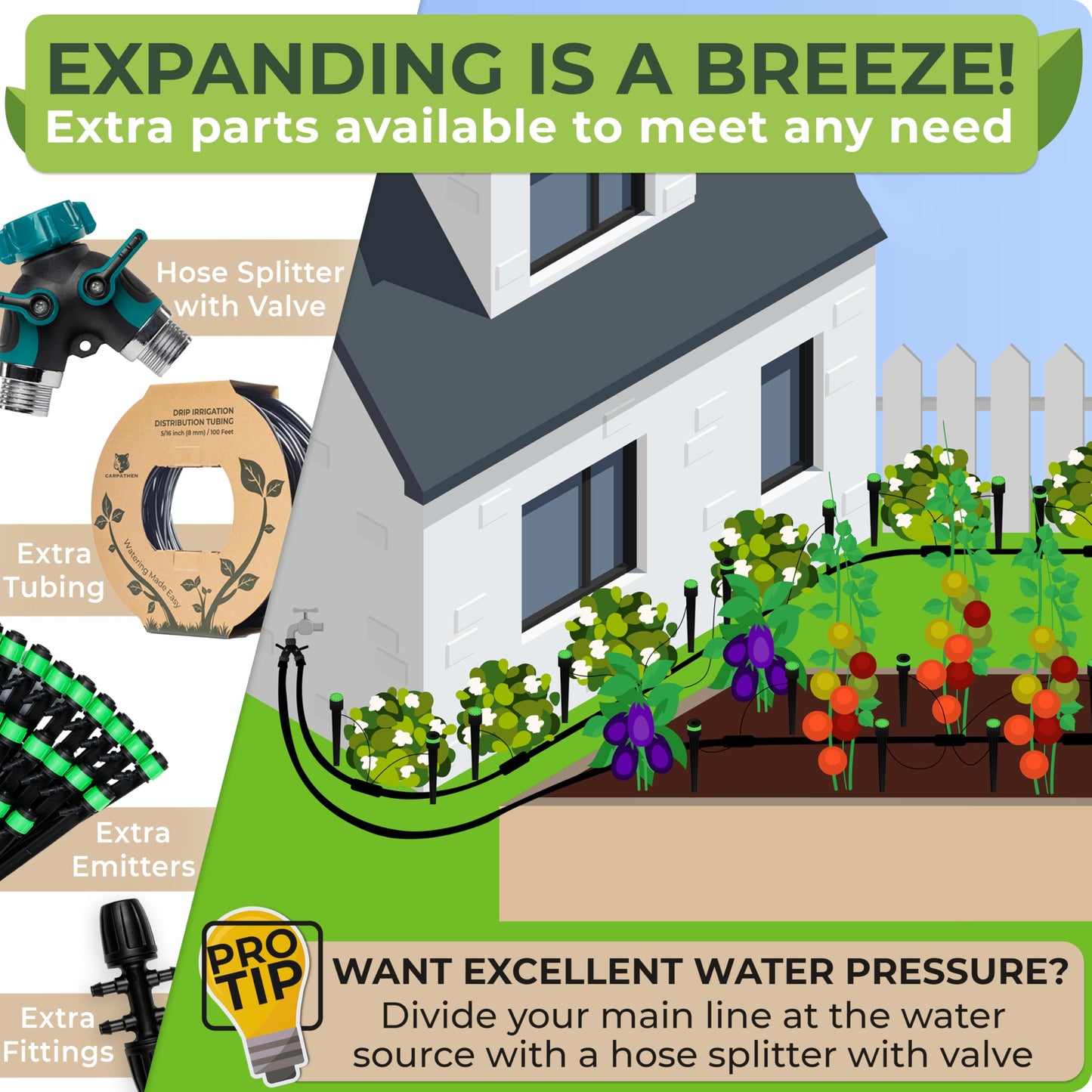 CARPATHEN Drip Irrigation System Kit - Complete Premium Garden Watering System with Adjustable Sprinkler Emitters, 5/16" & 1/4" Tubing and Fittings - Drip Line for Raised Beds, Lawn, Pots, Greenhouse