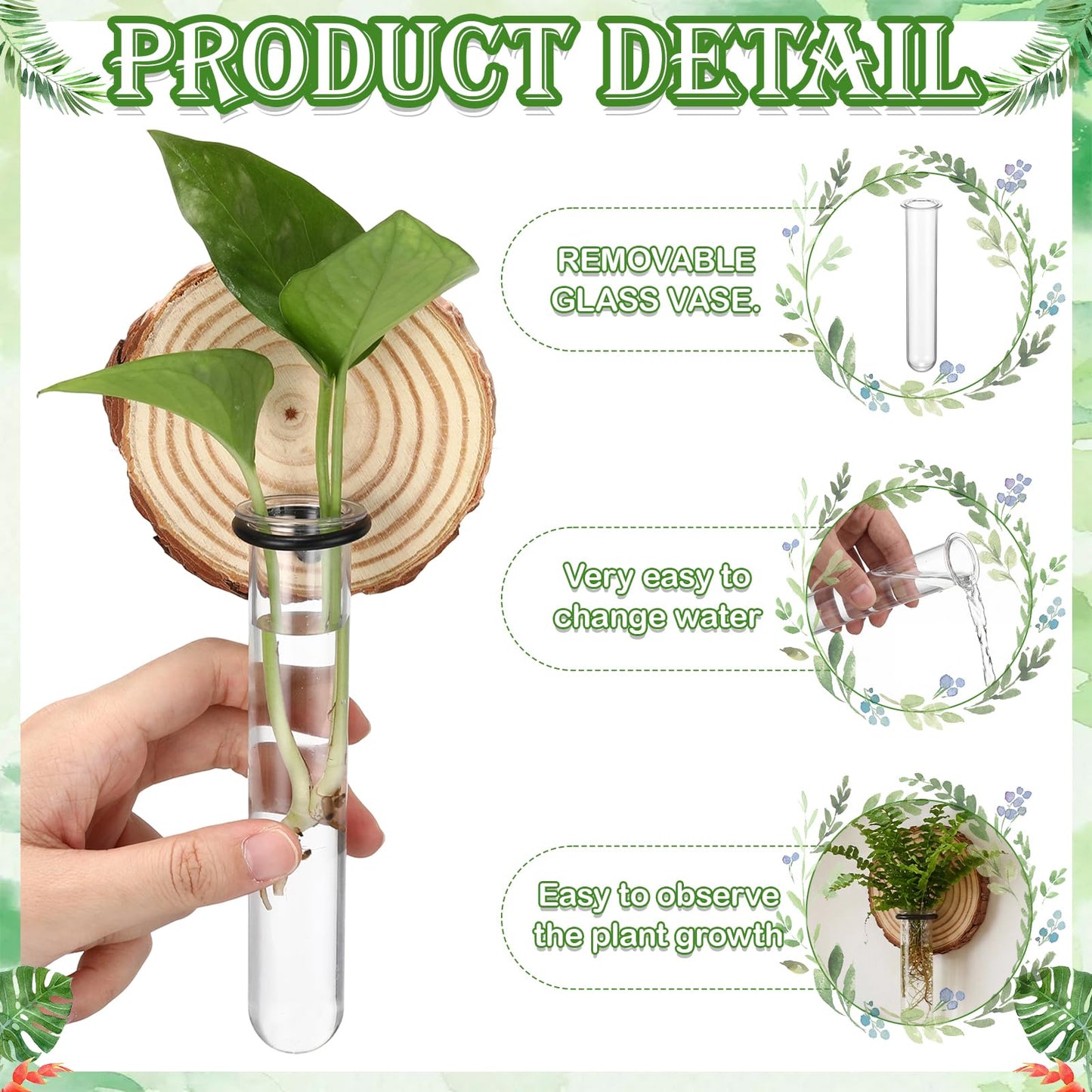 Chumia 6 Pcs Plant Propagation Stations Wall Hanging Planter Glass Plant Propagation Station, Natural Wood Slices Stand for Home Office Decoration