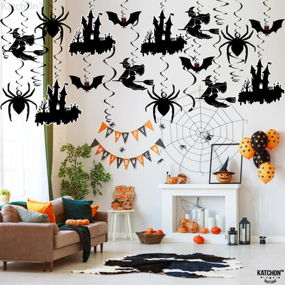 KatchOn, Scary Halloween Hanging Decorations - Large, Pack of 30 | Black Halloween Hanging Swirls for Halloween Ceiling Decorations | Halloween Swirl Decorations | Hanging Halloween Decorations Indoor