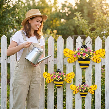 VinSees 3 Pcs 20 Inch Metal Bee Wall Pocket Planter, Rustic Decorative Wall Hanging Planter for Indoor & Outdoor, Flower Plant Pot for Garden Yard Patio Balcony & Fence, Black & Yellow, Set of 3