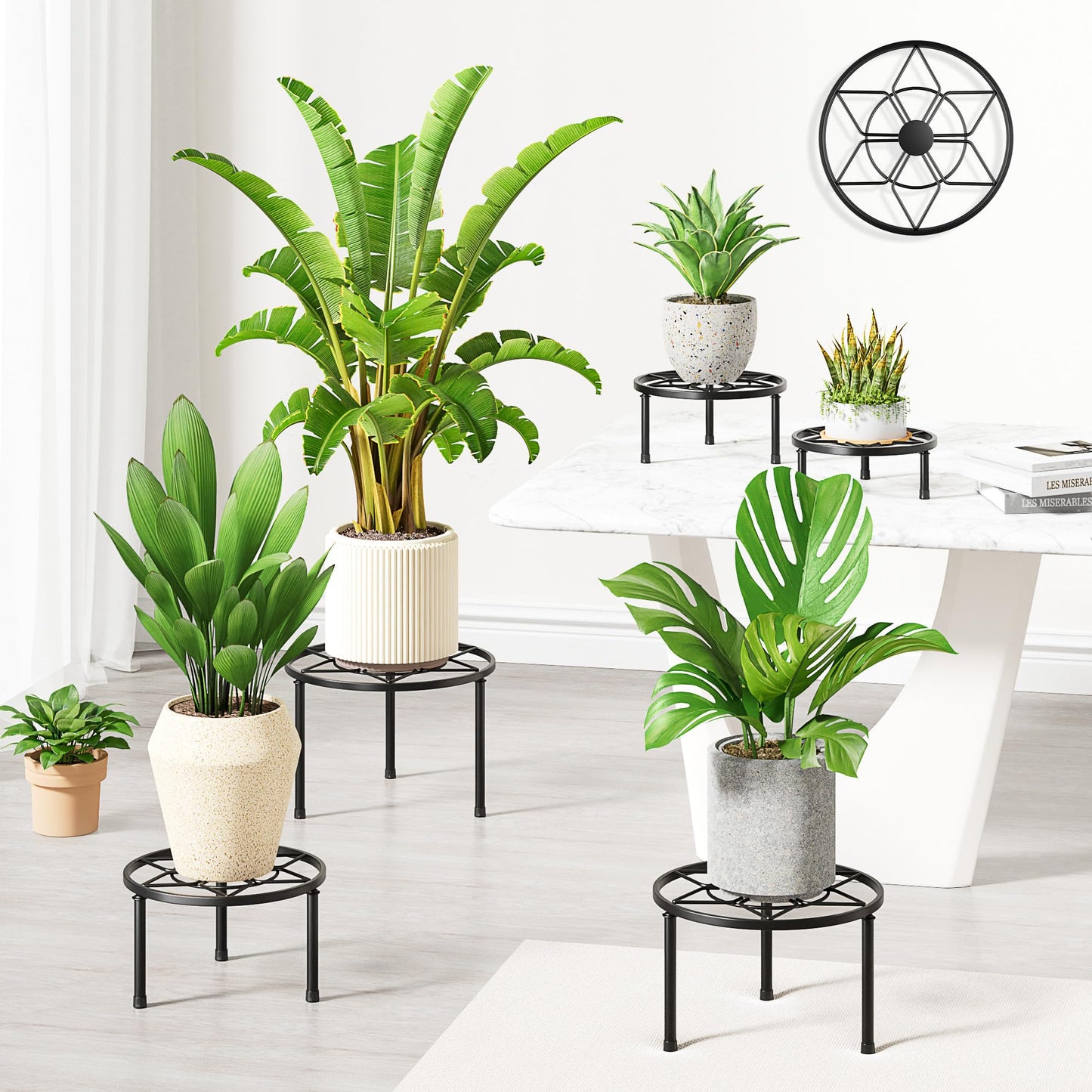 NQW 5 Pack Plant Stand Metal Flower Pot Stand Holders Indoor Tall Plant Rack Plant Round Black Plant Shelf For Patio, Living Room, Garden, Balcony(BlackDiamond)