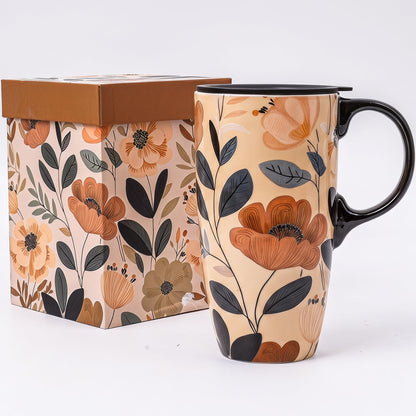 Topadorn Botanical Ceramic Travel Mug with Lid, 17oz Floral Coffee Mug with Handle, Microwave & Dishwasher Safe, Gift Box Included