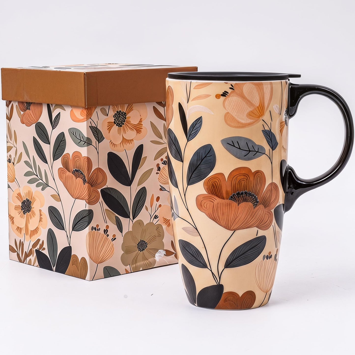 Topadorn Botanical Ceramic Travel Mug with Lid, 17oz Floral Coffee Mug with Handle, Microwave & Dishwasher Safe, Gift Box Included