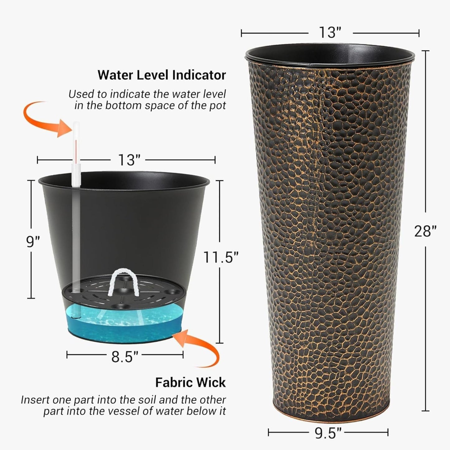 Worth 2 Pack 28" Tall Narrow Metal Planter with Inside Pot for Indoors or Outdoors, Deck, Patio or Front Porch, Hand-Hammered Texture, Bronze