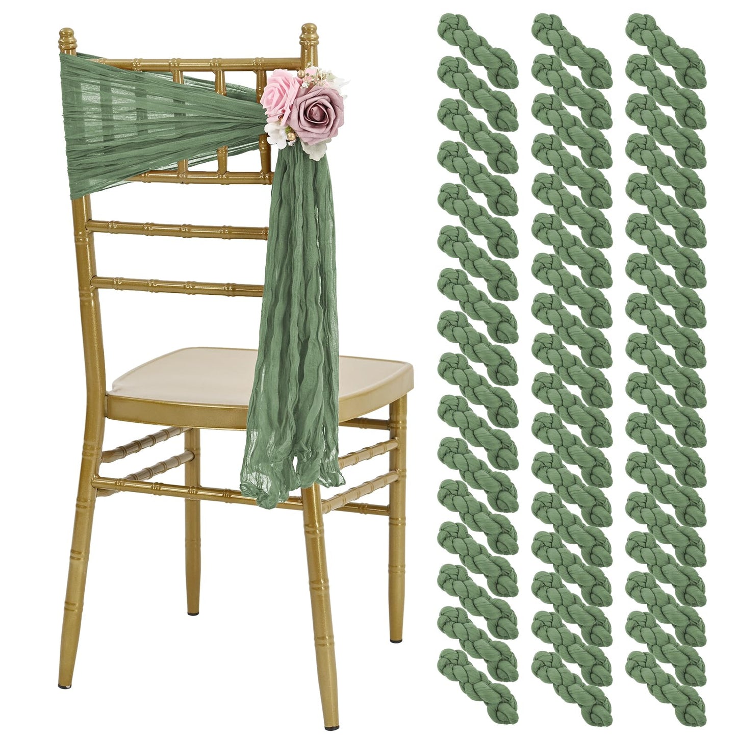 HNPSTBNO 50 PCS Cheesecloth Chair Sashes, Bows Designed ChairSashes, 15.7x70 inch Chair Sashes for Aisle Decorations Universal Chairs Cover Decoration for Wedding Reception Party Banquet (Sage Green)