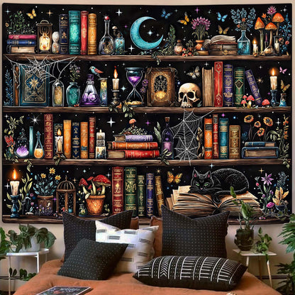 Motanber Witchy Bookshelf Tapestry Magic Gothic Witch Library Tapestries Wall Hanging Vintage Mushroom Skull Black Cat Dark Academia Book Large Tapestry for Bedroom Living Room Dorm 80 x 60 inch