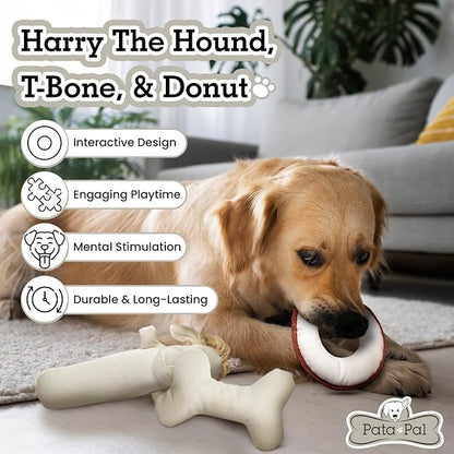 Durable Tough Cotton Canvas Squeaky Dog Toys, Eco-Friendly Interactive 3-Pack Chew Toy Set for Small, Medium & Large Dogs, Harry the Hound, T-Bone & Donut Disk