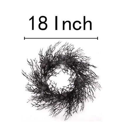 Skrantun 18 Inch Halloween Wreath Black Wreath with Spiders and Webs Door Wreath with Halloween Decorations for Halloween Party and Holiday Decorations