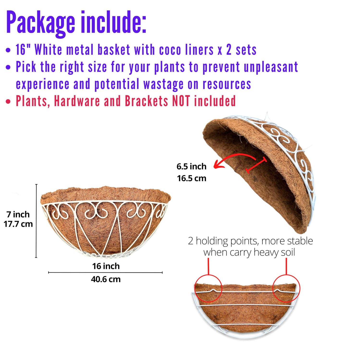 LaLaGreen Outdoor Wall Planters (2 Pack, 16 Inch) White Metal Wall Mounted Hanging Basket with Coco Liner, Large Flower Pot Plant Holder Planter for Fence Railing Deck Porch Balcony Modern Home Decor