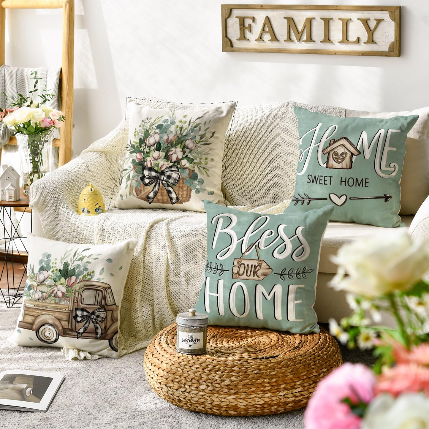 AVOIN colorlife Bless Our Home Farmhouse Eucalyptus Leaves Throw Pillow Covers, 20 x 20 Inch Blue Truck Home Sweet Cushion Case Decorations Set of 4