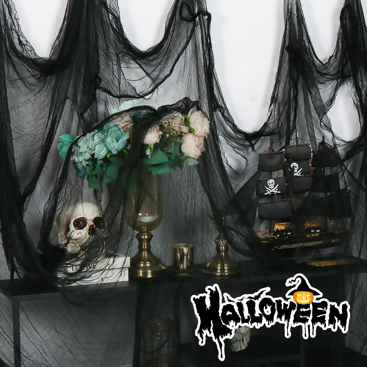 Bittesnew Halloween Creepy Cloth Black 200" x 80" Halloween Spooky Fabric Cloth, Halloween Gauze Cloth, Halloween Decorations Outdoor Indoor