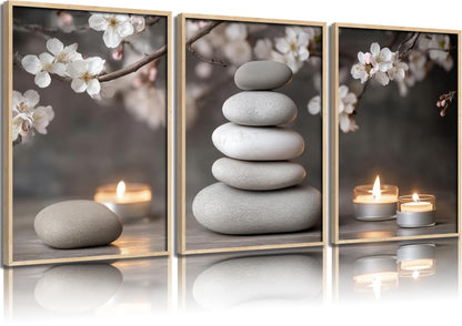 ZHJIOFXG 3 Piece Zen Canvas Wall Art Stacked Stones Cherry Blossom Candle Spa Wall Decor Calming Minimalist Neutral Poster Print Art for Bathroom Bedroom Yoga Room Office Living Room 12x16in Unframed