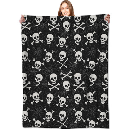 VODRM Skull and Crossbones Blanket Halloween Holiday Decor Gothic Spooky Skeleton Black Throw Gifts Lightweight Soft Fleece Spider Web Blankets for Creepy Fall Vibe Horror Goth Decoration 50x60in