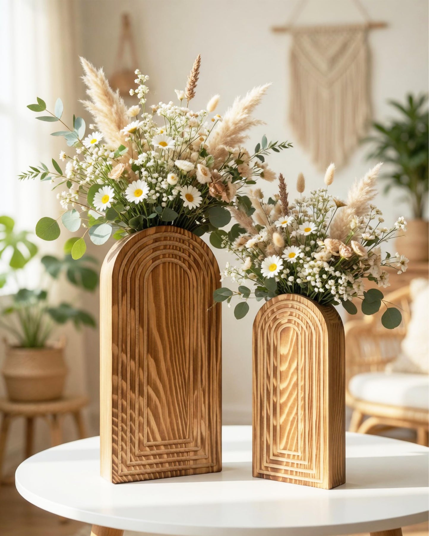 2 Pack Wooden Wall Vase Set - Boho & Modern Farmhouse Wall Decor, Hanging Planter for Indoor Plants & Flowers, Wood Mounted Art for Living Room, Bathroom, Hallway, Home Decor (Black, Medium)