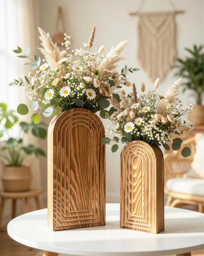 2 Pack Wooden Wall Vase Set - Boho & Modern Farmhouse Wall Decor, Hanging Planter for Indoor Plants & Flowers, Wood Mounted Art for Living Room, Bathroom, Hallway, Home Decor (Black, Medium)