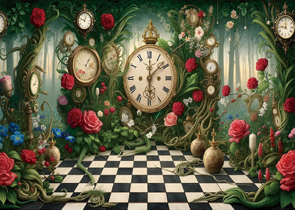 Halloween Wonderland Backdrop Tea Party Enchanted Garden Floral Green Grass Fairy Clock Checkerboard Photography Background Baby Shower Newborn Kids Birthday Party Banner Photo Props 7x5FT