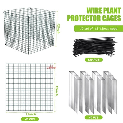 Zubebe 10 Pack Small Wire Plant Protectors Square Plant Protectors from Animals Mesh Cage Chicken Wire Cloche for Shrubs with Ground Stakes and Nylon Ties(Thickness 1mm,Dark Green)