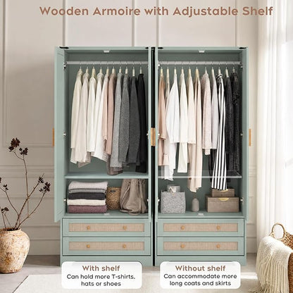 Brafab Armoire Wardrobe Closet with 2 Rattan Doors, 71" Vintage Blue Tall Freestanding Coat Closets with Drawers and Hanging Rail, Wooden Armoires Storage Cabinet with Shelf for Bedroom
