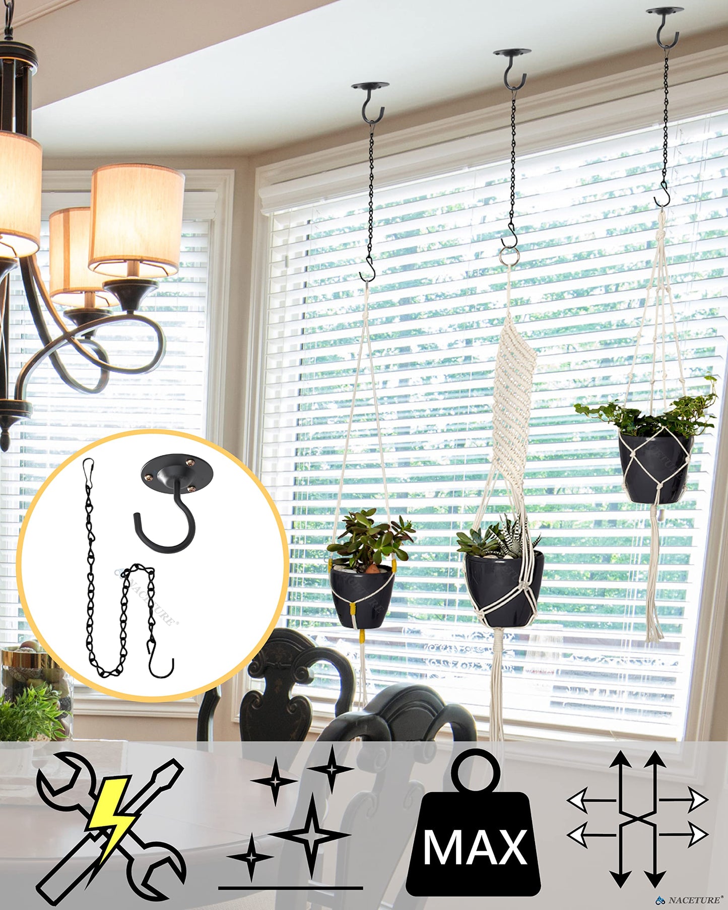 NACETURE Ceiling Hooks for Hanging Plants 3 Pack - Plant Hanger Indoor Hanging Hooks Metal Plant Bracket Iron Lanterns Hangers for Wind Chimes (Black 3 Pack + Chain)