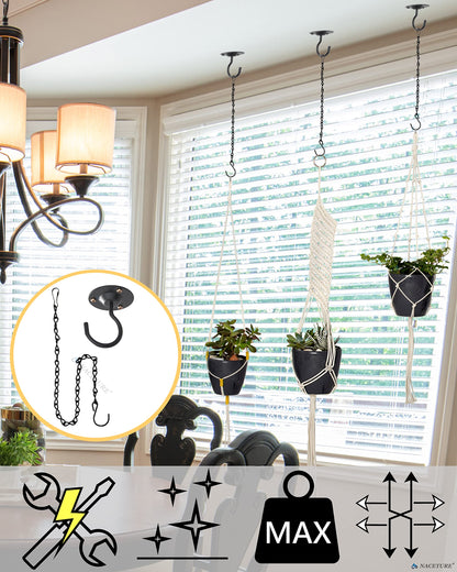 NACETURE Ceiling Hooks for Hanging Plants 3 Pack - Plant Hanger Indoor Hanging Hooks Metal Plant Bracket Iron Lanterns Hangers for Wind Chimes (Black 3 Pack + Chain)