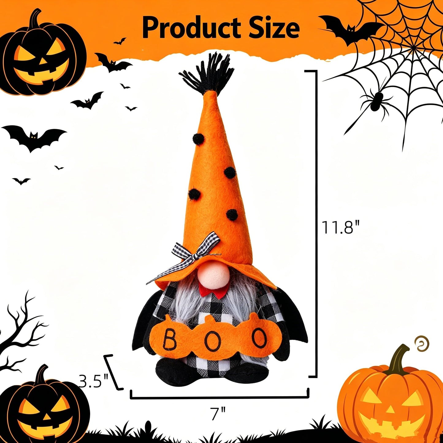 Ni-JASW Halloween Plush Gnomes Set of 2, Spooky Orange Black Bats Boo Swedish Tomte Elf Figurines Tiered Tray Decor