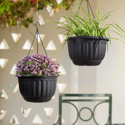 YIKUSH Planters for Outdoor Plants 2 Pack Black Plant Pots with Drainage Hole and Absorbing Tray Hanging Planters for Indoor Plants (12 inch, 3 Hooks)