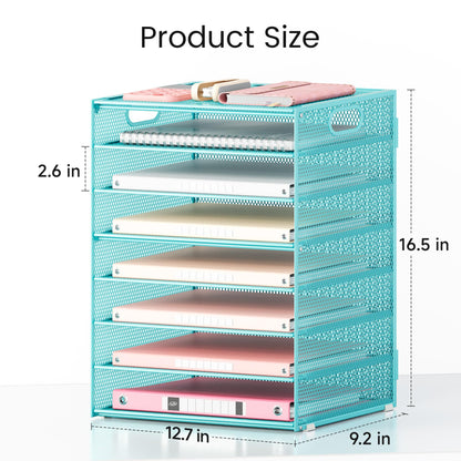 Lavatino 8-Tier Office Desk File Organizer, Letter Tray Paper Organizer with Handle, Including 5 Adjustable Slide Trays for Organizing Desktop Workspace Accessories and Supplies (Blue Metal Mesh)