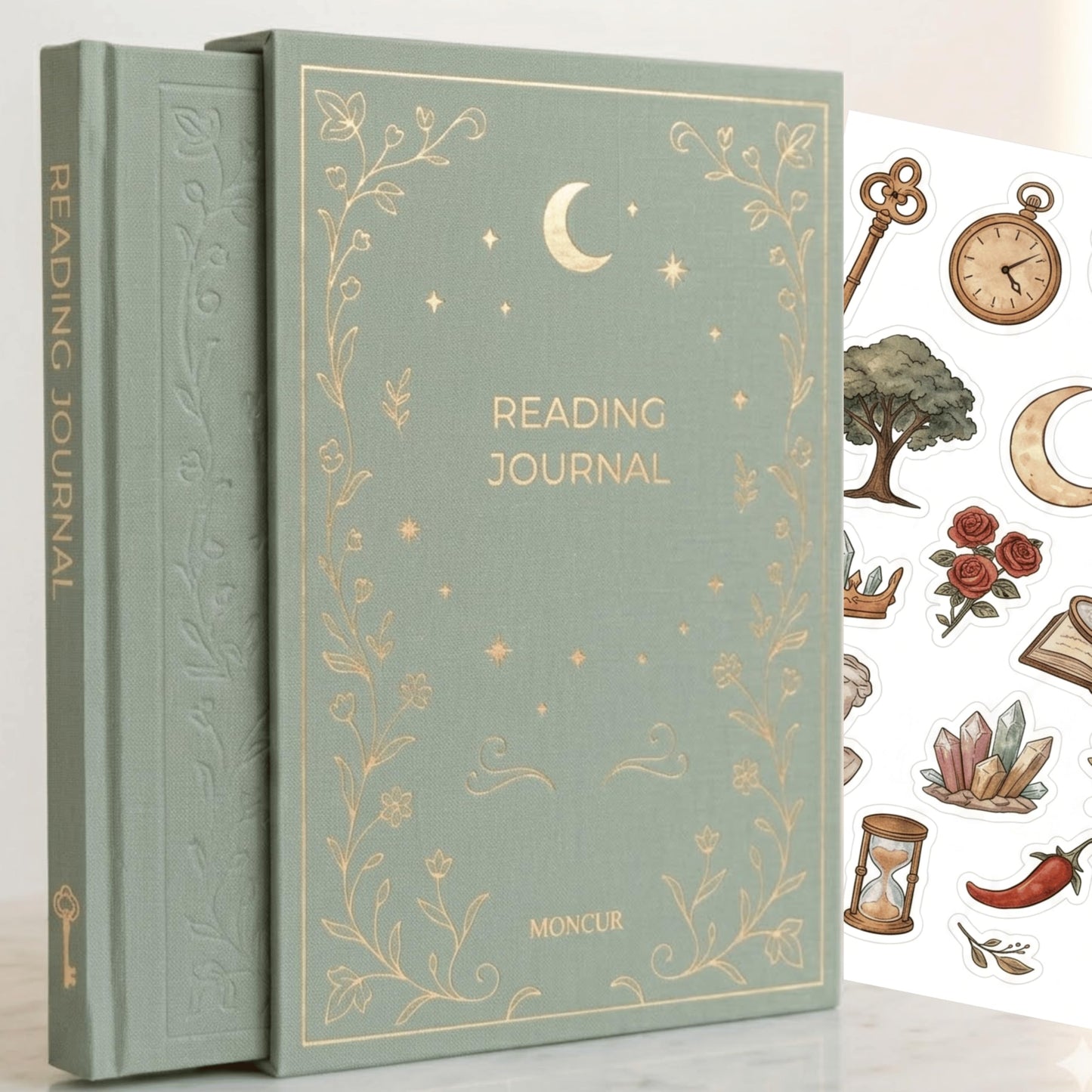 Reading Journal for Book Lovers – Linen Hardcover Book Journal with Slipcase, Reading Log & Review Pages (67 Books), Fantasy Aesthetic Cover, Sticker Sheets Included, Book Tracker Gift for Readers (Sage Green)