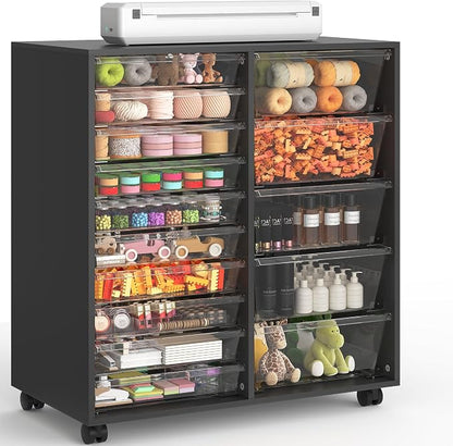 WOPITUES Mobile Storage Cabinet with 15 Clear Drawers, Craft Cabinet with 5 Large Drawers, Cart with Wooden Tabletop, Printer Stand Home Office, Dresser Chest, Modern Black