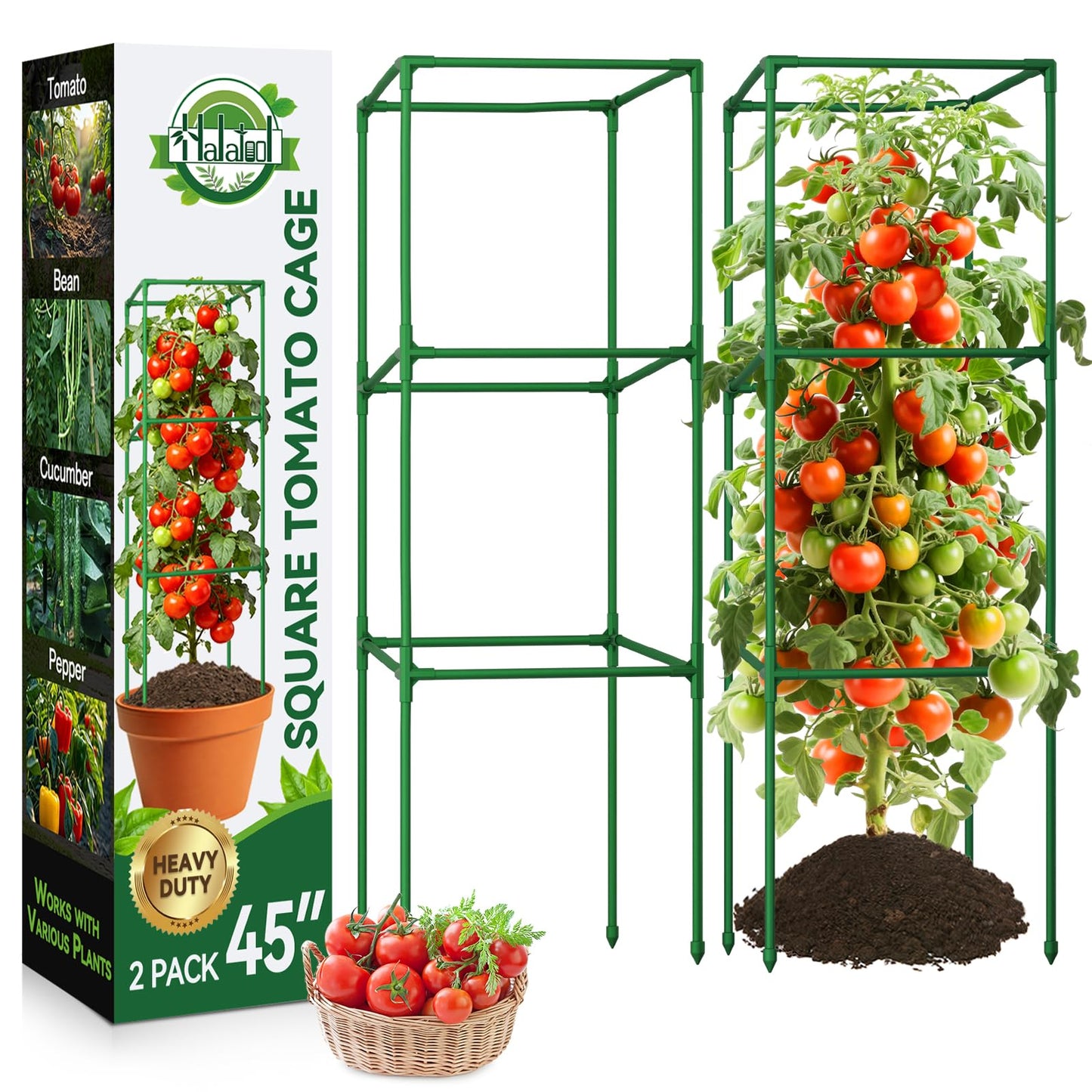 Halatool 2 Pack 45in Tomato Cages for Garden, Heavy Duty Adjustable Square Tomato Trellis for Climbing Plants – Green Plant Support Stakes for Vegetables Flowers Fruits & Raised Bed Outdoor