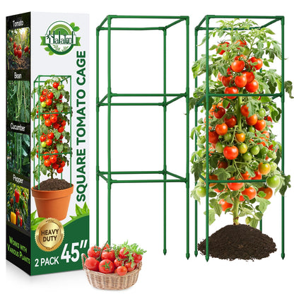 Halatool 2 Pack 45in Tomato Cages for Garden, Heavy Duty Adjustable Square Tomato Trellis for Climbing Plants – Green Plant Support Stakes for Vegetables Flowers Fruits & Raised Bed Outdoor