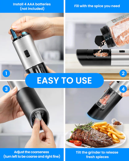 Simple Deluxe Stainless Steel Gravity Electric Salt & Pepper Grinder Set, Battery Powered with Blue LED Light, Adjustable Coarseness, One Hand Automatic Operation, Silver