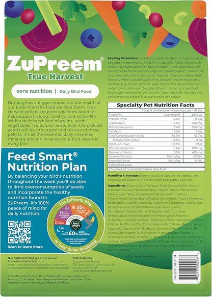ZuPreem True Harvest Bird Pellets, Daily Bird Food for Cockatiel, Lovebird, Quaker, Small Conure, Lorikeet, Core Nutrition for Medium Birds, Added Vitamins, Cockatiel Pellets (M, 10 lbs)