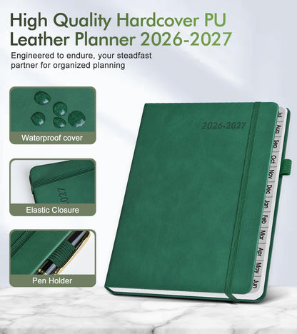 Planner 2026-2027, Academic Weekly and Monthly Calendar Planner from July 2026 - June 2027, Hardcover Leather Daily Agenda Book with Tabs, College School Organizer for Student Teacher, A5 (5.75" x 8.38"), Green
