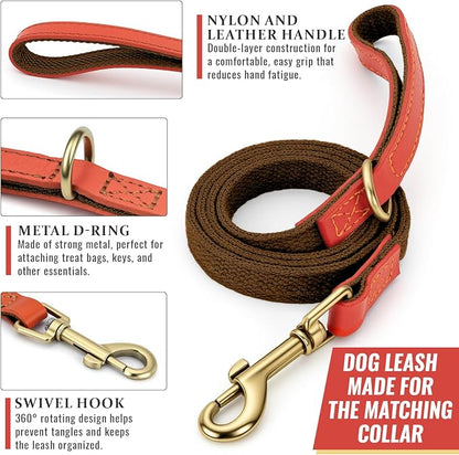 Nylon Dog Leash and Collar Set with Metal Quick Release Buckle, Adjustable, Durable High-Density Fabric, Breathable, Soft and Comfortable, No Pull for Walking and Training, Brown, M (12.5"-19.6")
