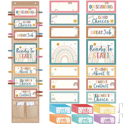 Pasimy 59 Pcs Student Behavior Clip Chart for Classroom Management Kids Track Reward Incentive Behavior Pocket Chart Boho Bulletin Board Teacher Supplies for School Office(Vibrant)