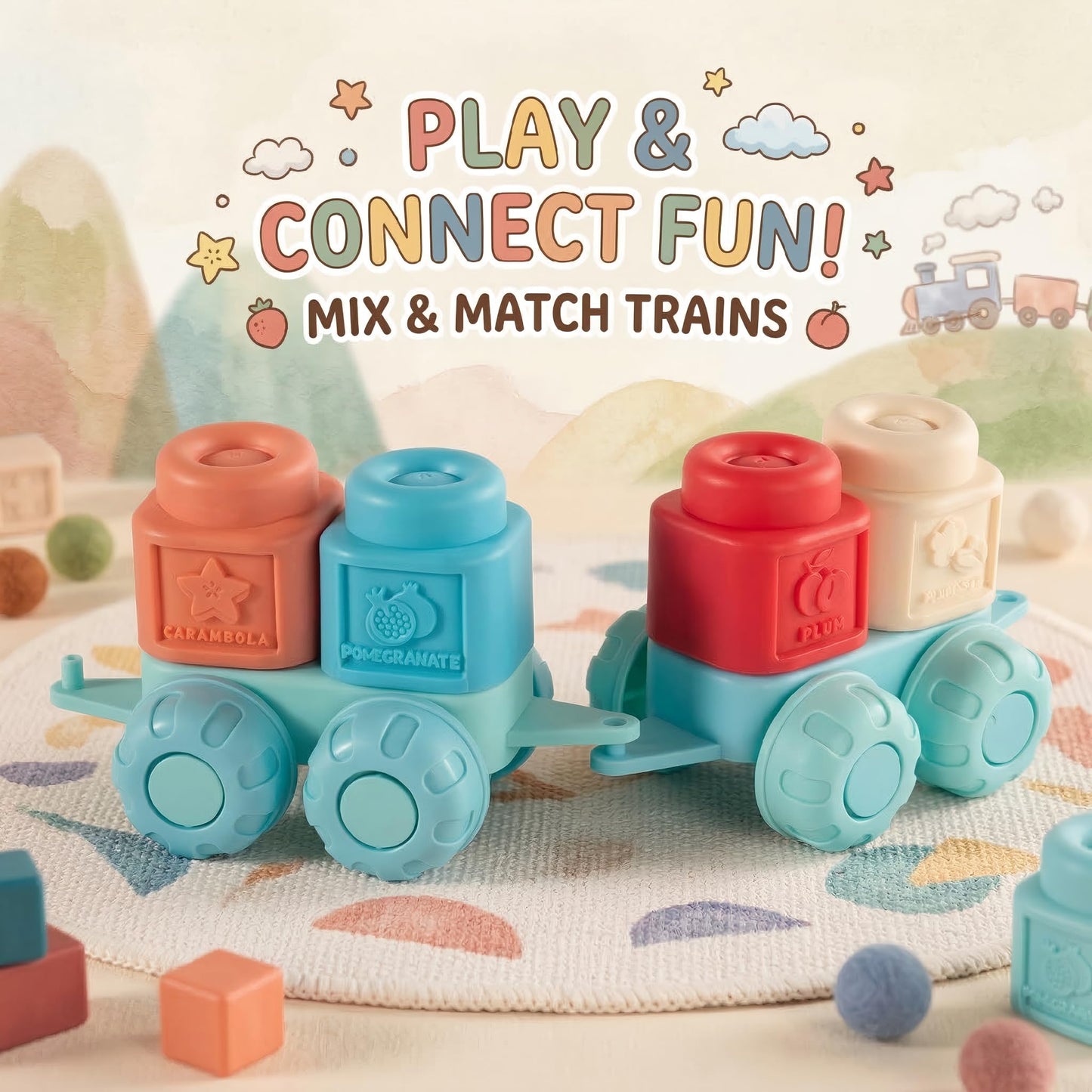 Soft Blocks Montessori Stacking Toys for toddlers 1-3, 29 PCS Baby Building Blocks, Educational Learning Toys with Fruits, Animals, Colors & Shapes, Connectable Texture Blocks Vehicles Festival Gift