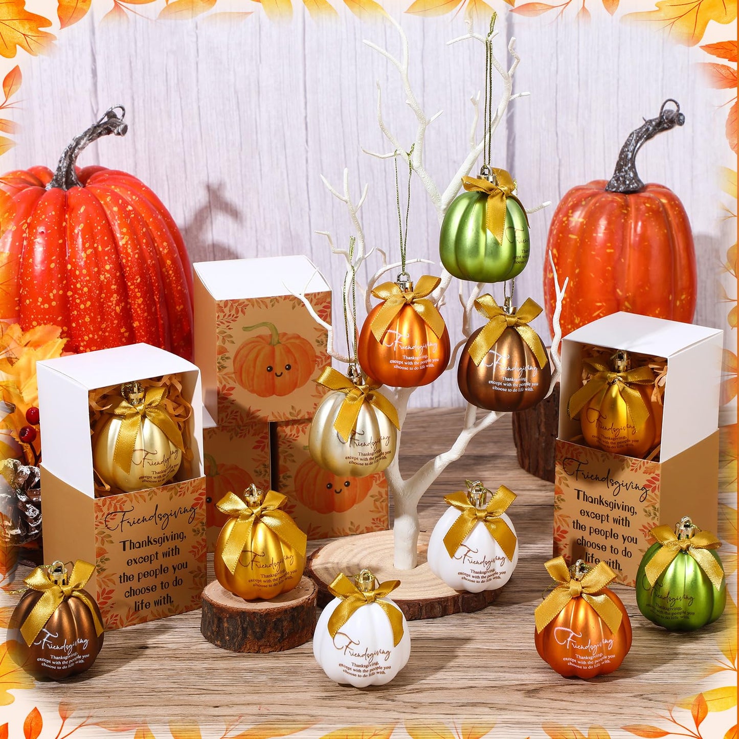 Jenaai 24 Sets Christmas Friendsmas Gifts Bulk Fall Flat Pumpkin Christmas Tree Ornaments Mini Fall Flat Pumpkin Hanging Ornaments with Thank You Box Tree Ball Decorations for Friends Sisters Women