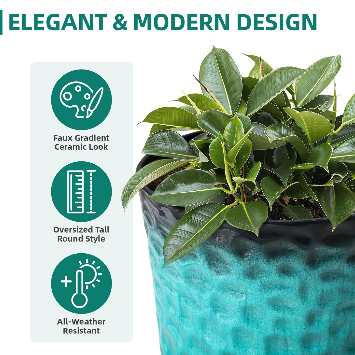 Ultym 23.75" H Large Tall Outdoor Planters, Set of 2 Plastic Large Flower Pots for Outdoor Plants, with Turquoise Teal Honeycomb Texture, Weather-Resistant for Porch, Garden, Patio or Indoor Use