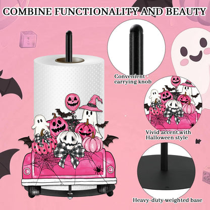 Whaline Pink Halloween Paper Towel Holder Pumpkin Ghost Truck Metal Towel Stand Trick or Treat Decoration Accessory for Holiday Party Home Kitchen Countertop