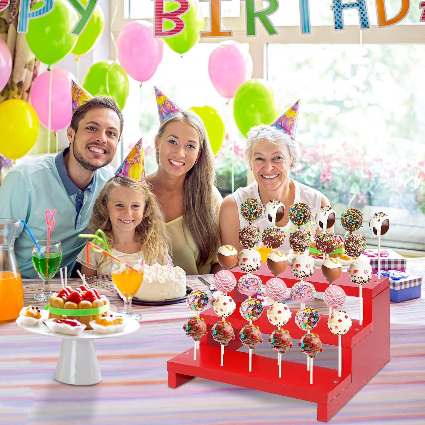 KHayRovies 2 Pcs Cake Pop Stand, 3 Tier Wood Cake Pop Holder Display Risers with Twist Ties Lollipop Sticks, 33 Hole Lollipop Holder for Dessert Table of Wedding Birthday Party (Red-2P)