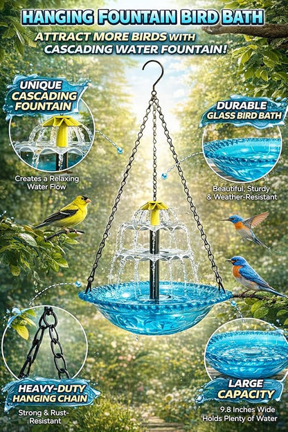 Solar Cascade Hanging Bird Bath Fountain, 2026 New Outdoor Hanging Bird Bath with Solar Fountain, Large Humming Birds Baths Fountains, with Solars Pump & Glass Bowl, for Outdoor, Gardens (#3)