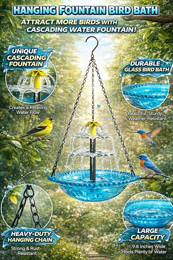 Solar Cascade Hanging Bird Bath Fountain, 2026 New Outdoor Hanging Bird Bath with Solar Fountain, Large Humming Birds Baths Fountains, with Solars Pump & Glass Bowl, for Outdoor, Gardens (#6)