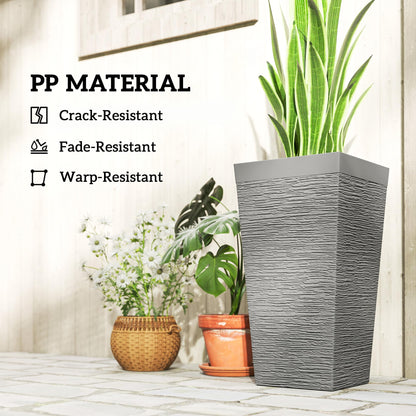 Outsunny 22.8 Inch Tall Planters for Outdoor Plants, Set of 3 Plastic Flower Pots with Stone Finish and Wheels, Stackable Tapered Planters with Drainage Hole for Indoor Plants, Front Porch, Gray