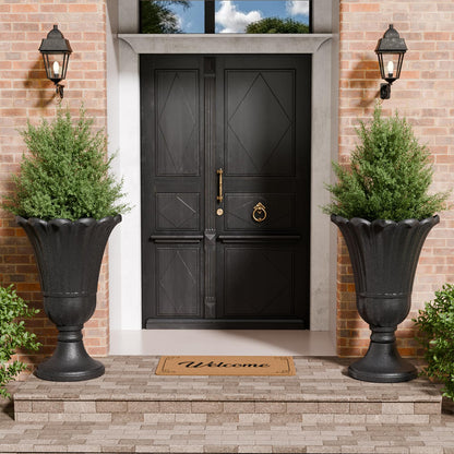 Trygoal 23.6" Tall Plastic Urn Planters for Outdoor Plants, Set of 2 Heavy-Duty Classic Indoor Large Flower Pots with Drainage Holes & Petal Design, Outdoor Planters for Porch, Home Garden, Black